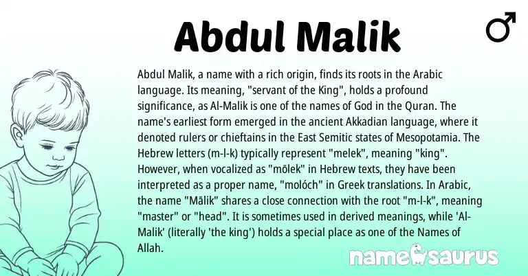 Infographic about Abdul Malik name meaning, Abdul Malik is a name from Akkadian, Semitic, Arabic, Greek, Hebrew origin(s).